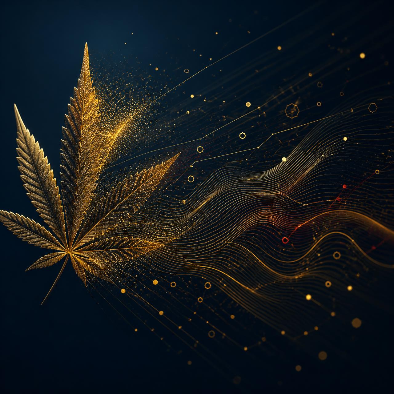 Abstract cannabis leaf rendered in gold particles and flowing data lines on a deep navy background